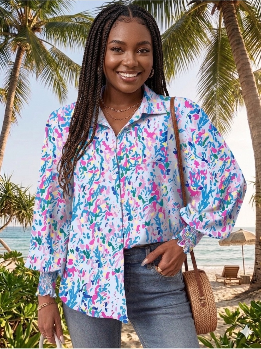 Tropical Lilly Inspired Button-Up Blouse with Smocked Cuffs